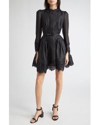 Zimmermann - Hypnotic Lace Trim Long Sleeve Belted Linen & Silk Minidress - Lyst