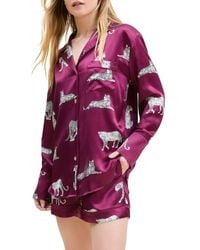 Petite Plume - Panthre De Nuit Piped Silk Satin Short Pajamas - Lyst