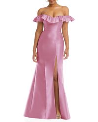 Alfred Sung - Off The Shoulder Ruffle Satin Trumpet Gown - Lyst