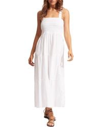Seafolly - Beach House Smocked Cotton Cover-up Dress - Lyst