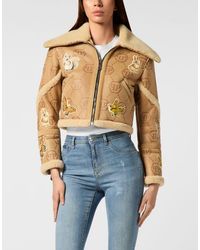Philipp Plein - Cropped Embroidered Leather And Shearling Jacket Monogram - Lyst