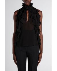 McQueen - High Neck Ruffle Silk Georgette Top - Lyst