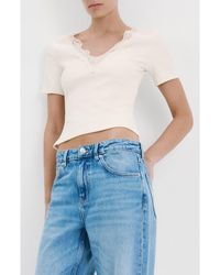 Mango - Lace Trim Rib Knit Crop Top - Lyst
