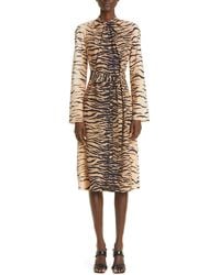 St. John - Tiger Print Keyhole Long Sleeve Silk Blend Midi Dress - Lyst