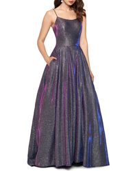 betsy & adam plus size galaxy glitter draped gown
