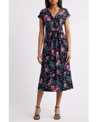 Loveappella - Floral Print Faux Wrap Midi Dress - Lyst