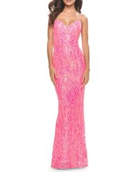 La Femme - Gorgeous Print Sequin Dress With Lace Up Back - Lyst