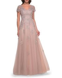 La Femme - A-Line Tulle Gown With Lace Applique And Short Sleeves - Lyst