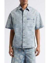 McQueen - Skull Print Short Sleeve Denim Button-Up Shirt - Lyst