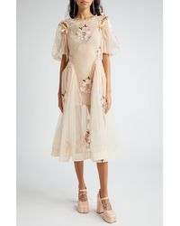 Simone Rocha - Puff Sleeve Ruched Bite Embroidered Tulle Midi Dress - Lyst