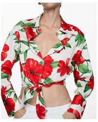 Mango - Floral Tie Front Crop Button-Up Shirt - Lyst
