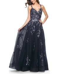 La Femme - A-Line Tulle And Floral Sequin Gown With High Slit - Lyst
