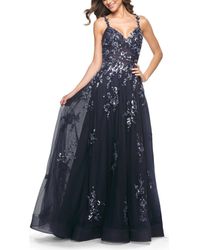 La Femme - A-Line Tulle And Floral Sequin Gown With High Slit - Lyst