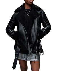AllSaints - Rei Genuine Shearling & Leather Moto Jacket - Lyst
