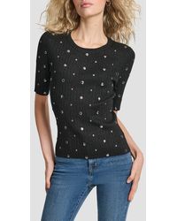 DKNY - Studded Metallic Rib Short Sleeve Sweater - Lyst
