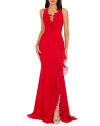 Dress the Population - Kathleen Ruffle Halter Gown With Train - Lyst