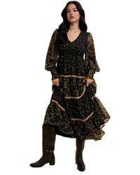 Knit & Lounge - Floral Tiered Long Sleeve Midi Dress With Contrast Trim - Lyst