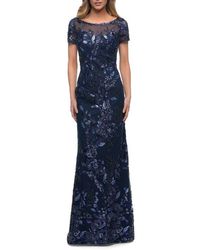 La Femme - Long Beaded Lace Dress With Sheer Neckline - Lyst