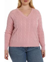 Minnie Rose - Frayed V-Neck Cable Knit Cotton Sweater - Lyst