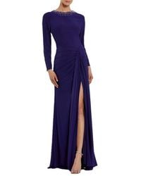 Mac Duggal - Long Sleeve Jersey Ruched Gown With Beaded Neck - Lyst