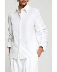 Lafayette 148 New York - Ruched Sleeve Cotton Poplin Button-Up Shirt - Lyst