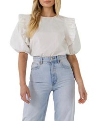 English Factory - Ruffle Smocked Puff Sleeve Blouse - Lyst
