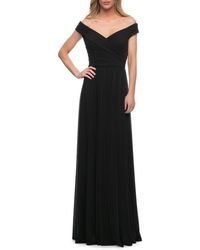 La Femme - Off The Shoulder Net Jersey Long Dress With Ruching - Lyst