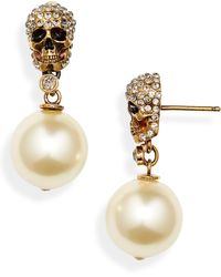 Alexander McQueen - Swarovski Crystal Pavé Skull & Imitation Pearl Drop Earrings - Lyst