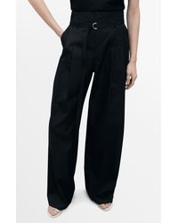 Mango - Belted Cotton Wide Leg Pants - Lyst