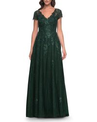 La Femme - A-Line Dress With Lace Applique And Sheer Short Sleeves - Lyst