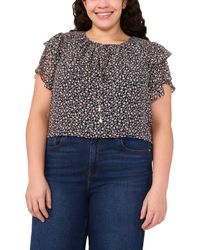 Cece - Floral Tie Neck Flutter Sleeve Top - Lyst