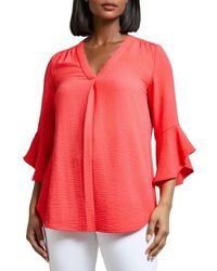 Jones New York - Pleated V-Neck Flutter Sleeve Top - Lyst