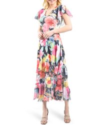 Komarov - Floral Flutter Sleeve Charmeuse & Chiffon Cocktail Dress - Lyst