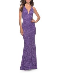 La Femme - Fitted Stretch Lace Prom Dress With Banded Waist - Lyst