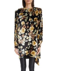 Saint Laurent - Floral Drape Detail Long Sleeve Velvet Dress - Lyst