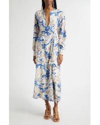 Ulla Johnson - Adalyn Ikat Wave Print Long Sleeve Silk Crêpe De Chine Midi Dress - Lyst
