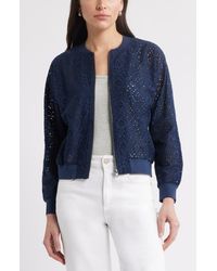 Caslon - Embroidered Eyelet Cotton Zip-Up Bomber Jacket - Lyst