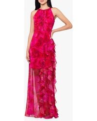 Betsy & Adam - Metallic Stripe Floral Ruffle Chiffon Gown - Lyst