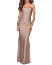 La Femme - Long Ruched Jersey Dress With Thin Straps - Lyst