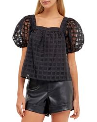 English Factory - Grid Pattern Puff Sleeve Organza Top - Lyst