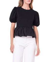 English Factory - Mixed Media Puff Sleeve Peplum Top - Lyst