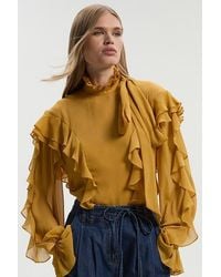 Karen Millen - Georgette Ruffle Woven Pussybow Blouse - Lyst