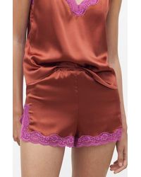 Mango - Contrast Lace Trim Stretch Silk Pajama Shorts - Lyst