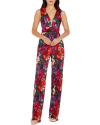Dress the Population - Hunter Floral Print Plissé Sleeveless Jumpsuit - Lyst