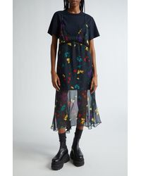 Sacai - Floral Print Mixed Media Layered Midi Dress - Lyst