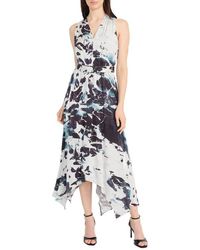 Maggy London - Abstract Print Belted Handkerchief Hem Midi Dress - Lyst