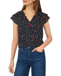 Cece - Floral Dot Flutter Sleeve Split Neck Top - Lyst