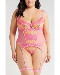 Coquette - Embroidered Mesh Underwire Bustier With Garter Straps & Thong Set - Lyst