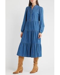 Treasure & Bond - Long Sleeve Tiered Cotton Chambray Maxi Dress - Lyst