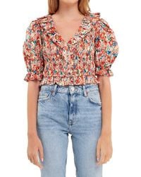 English Factory - Floral Smocked Ruffle Cotton Top - Lyst